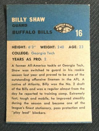 1962 Fleer Football Billy Shaw Rookie Card 16 Buffalo Bills 2