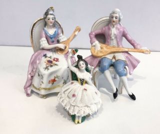 3 Figurine Mini Dresden Lady Place Card Holder Lace Ceramic Doll German Vtg