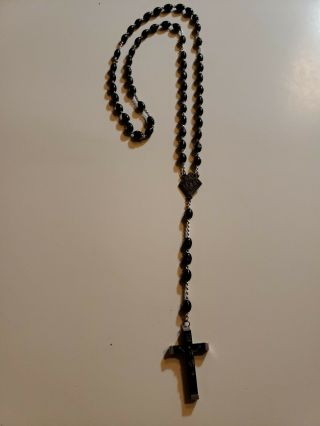 Vintage Rosary Knights Of Columbus With Wooden Cross Crucifix And Black Beads
