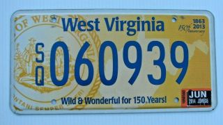West Virginia 150 Years 1863 2013 Sesquicentennial License Plate " Sq 060939 "