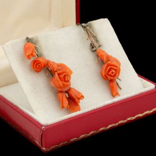 Antique Vintage Georgian 18k Gold Carved Salmon Coral Floral Wedding Earrings