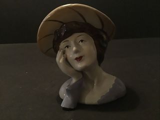 Vintage Hand Painted Ceramic Bisque Lady Bust Head Figurine Planter Porcelain