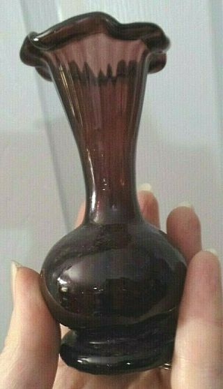 Vtg / Mid Century / Purple Amethyst Swirl Optic / Ruffle Edge Hand Blown Vase