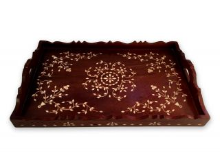 Vintage Serving Tray Wood Faux Inlay Flower Design 17 X 11 X 2