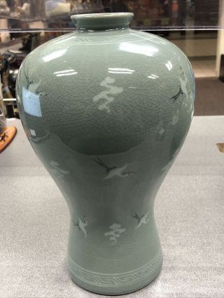 Huge Celadon Crane Green Glazed Ceramic Pottery Korean Vase Signed By The Maker