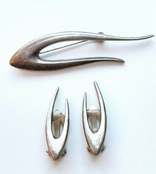 Vtg Poul Warmind Denmark Set Of Brooch & Clip On Earrings Sterling Silver G02