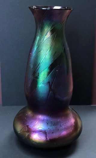 Antique Loetz Austrian Purple,  Green,  Gold Iridescent Luster Glass Vase 10.  75 "