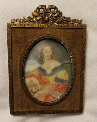Antique Hand Painted Miniature Portrait Of 18th C.  Lady,  Bow Frame,  Signed