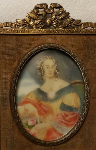 Antique Hand Painted Miniature Portrait of 18th c.  Lady,  Bow Frame,  Signed 2