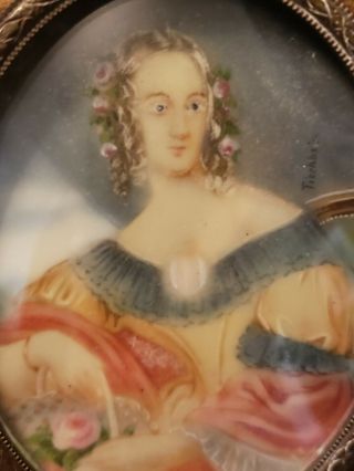 Antique Hand Painted Miniature Portrait of 18th c.  Lady,  Bow Frame,  Signed 3