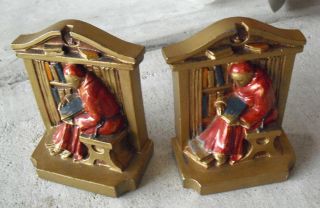 Unusual Antique 1922 Dated Pot Metal Monk Or Priest Reading Bookends