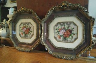 Pair Framed Antique Still Life Floral Beadwork Pictures From Victorian Purse