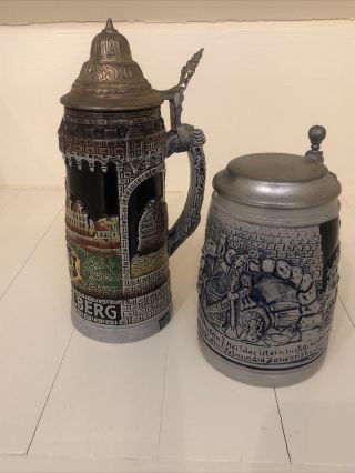 Vintage Set Of 2 Western German Lidded Beer Stein Mug Heidelberg