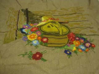 Finished Vtg Crewel Basket/straw Hat/multi - Colored Flowers 21x17 " Picture