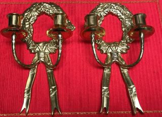 Christmas Wreath Set Of 2 Brass Wall Sconces Candelabras Dual Candle Holders Vtg