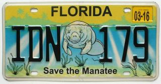 Florida 2016 Save The Manatee Wildlife Specialty License Plate,  Idn 179