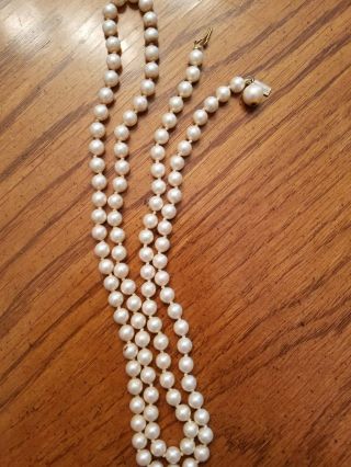 Vintage Long Hand Knotted Glass Faux Pearl Necklace Signed Marvella