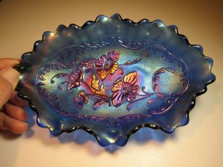 Antique Northwood Electric Blue Poppy Pattern Carnival Glass Oval Pickle Tray