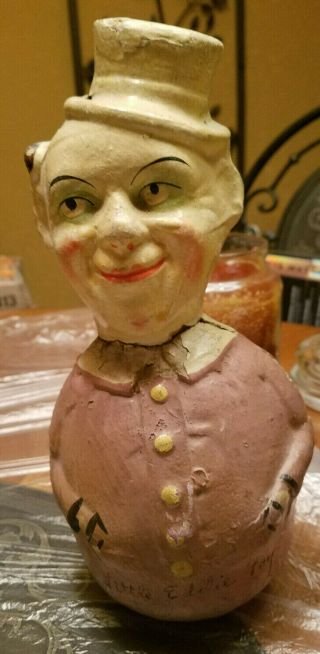 Antique " Little Eddie Toy " Paper Mache Roly Poly Clown Toy 10.  5”