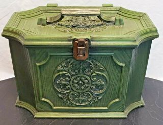 Vintage Max Klein Sewing Box Tray Ornate Faux Wood Plastic Storage Green W/ Tray
