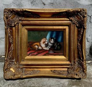 14 12”x14” Framed Oil Painting Of Two Cats Hand Painted Antique Style