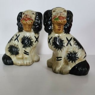Pair Antique Victorian Flower Basket Staffordshire Spaniels Dogs Mantel Bookends