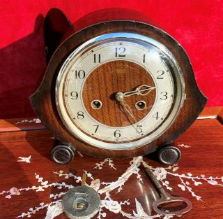 Restored,  Great Smiths 1950s Antique Oak - Cased 8 - Day Striking Mantel Clock