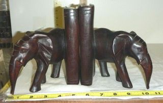 Vtg Hand - Carved Solid Wood Elephant Bookends - Ebony (?)