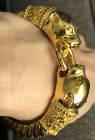 Vintage Joan Rivers Gold Tone Panther Head Hinged Bangle Bracelet Etruscan Style