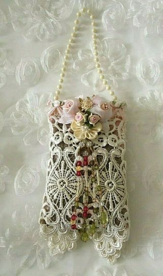 Shabby Chic Pillow Sachet Vintage Doily Lace Crochet Pink Roses & Beads
