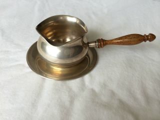 Sterling Silver Gravy Boat Or Sauce Ladle With Sterling Dish,  Wooden Handle,  925