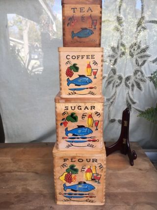 Vintage Decorated Wooden Nesting Storage Containers Coffee Tea,  Flour,  Sugar.
