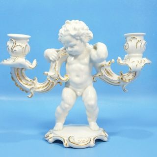 Antique German Hutschenreuther Selb Porcelain Candle Holder Putto Cherub Tutter