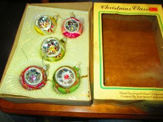5 Boxed Vintage Glass Christmas Tree Ornaments Glitter Striped Metal Tops 60 - 70s