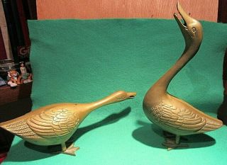Vintage Pair Heavy Solid Brass Duck Goose Geese Figurines Statues Figures