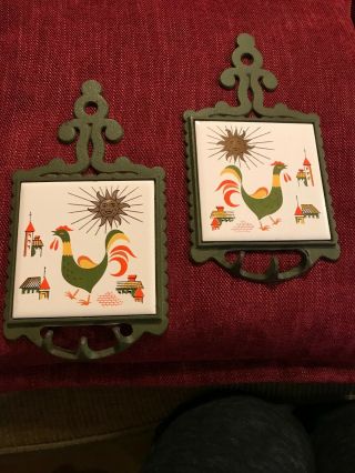 2 Vintage Cast Iron Trivet Tile Hot Plate Rooster Made In Japan With Hooks