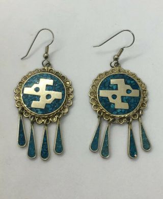 Vintage Mexican Alpaca Silver Nickel & Crushed Turquoise Inlay Dangle Earrings