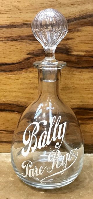 Antique Back Bar Pinch Bottle,  White Raised Print With Top - Bally Pure Rye