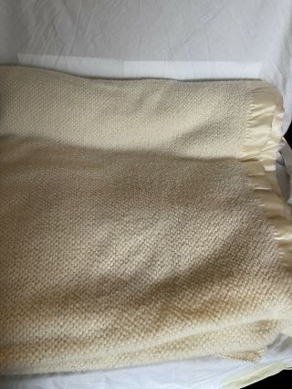 Vintage Waffle Weave Thermal Blanket Full Queen Ivory Satin Trim 82 X 84