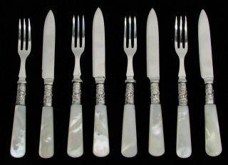 Matching 4 Pairs Argyle England Mother Of Pearl 6 " Fruit Fork & Knife Set