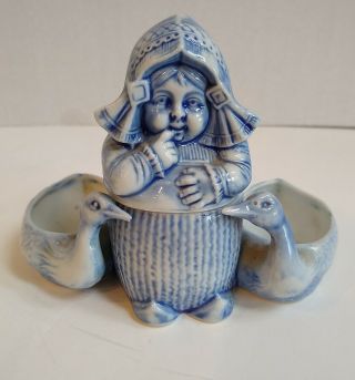 Antique Schafer & Vater Blue Figural Goose Girl Condiment Server - Marked