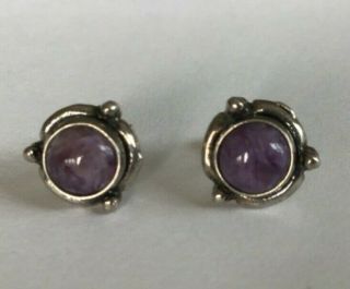 Vtg 5 Star Ster Signed Sterling Silver Dainty Purple Cabochon Stud Earrings