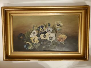 Antique Victorian Oil Painting On Board Of Pansy Pansies Flowers Frame
