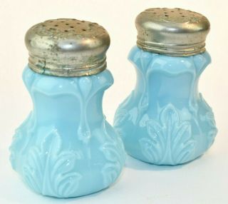 Vintage Victorian Light Blue Milk Glass Salt And Pepper Shakers