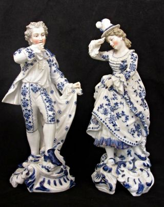 Lge Pair Antique German Dresden Porcelain Figurines,  Blue & White 12.  5 " H,  C1900