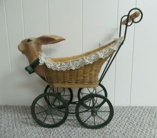 Antique Carved Bunny Rabbit Doll Buggy Carriage Stroller W/wicker Basket