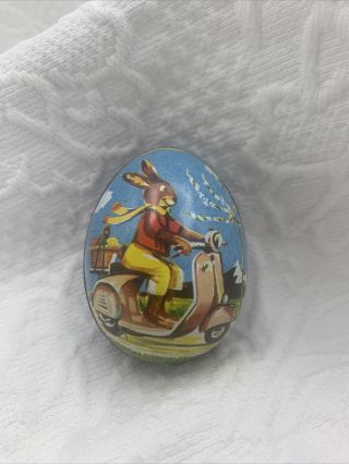 Vintage Easter Egg Tin Lithograph Rabbit Bunny Scooter Charming
