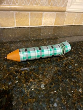 School Pencil Shaped Pencil Case Plastic Green Plaid Zipper Top Vintage