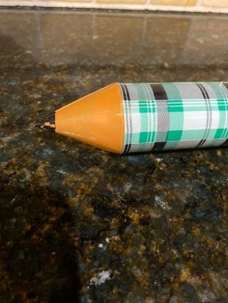 School Pencil Shaped Pencil Case Plastic Green Plaid Zipper Top Vintage 2