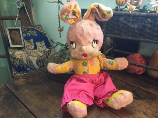 Vintage Gund Creation Stuffed Pink Girl Bunny Rabbit Easter Flower Power Retro
